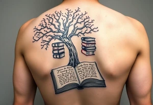 Majestic tree of knowledge with books connected as roots stacked up and an open journal with beautiful cursive writing at the base with a fountain pen for the left arm sleeve tattoo idea