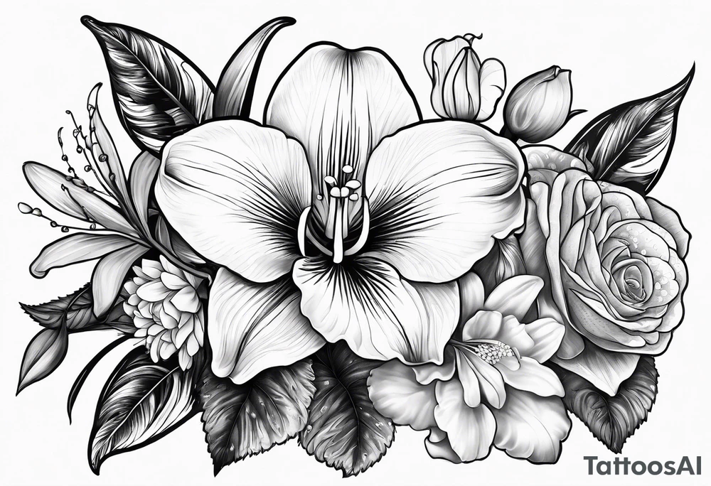 Rose, orchid, lily, marigolds, hydrangeas, begonia, dog wood, gerber daisies tattoo idea