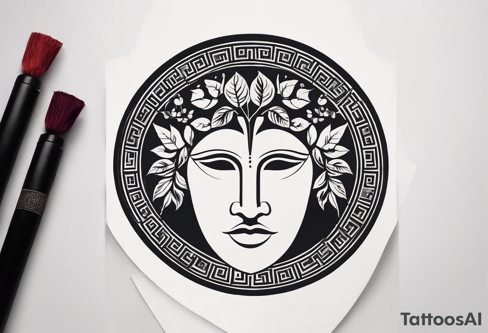 "Design a minimalist round tattoo inspired by ancient Greek art, centered around Dionysus and his love for theater. Create a circular composition with Dionysus depicted in the center, holding a theatrical mask and a goblet of wine. Surround him with simple yet symbolic elements such as grapevines, ivy leaves, or geometric patterns reminiscent of ancient Greek pottery. Ensure the design maintains a minimalist style, with clean lines and limited detail, while capturing the essence of Dionysus's affinity for both wine and theater within the circular frame." tattoo idea