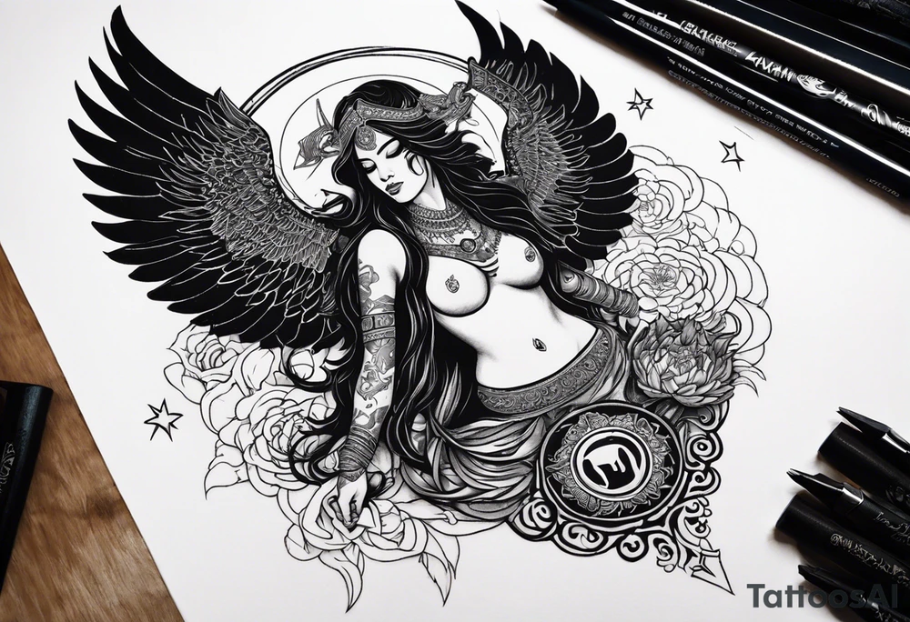 black kali, goddess pirate, alien, angel, pachamama, valkrye, warrior, flying, skull, lotus azul, wing, eagle, zenza resonance, stars, 5D, anahata chakra, death, durga, riding on a tiger, flying lady, chest tatoo tattoo idea