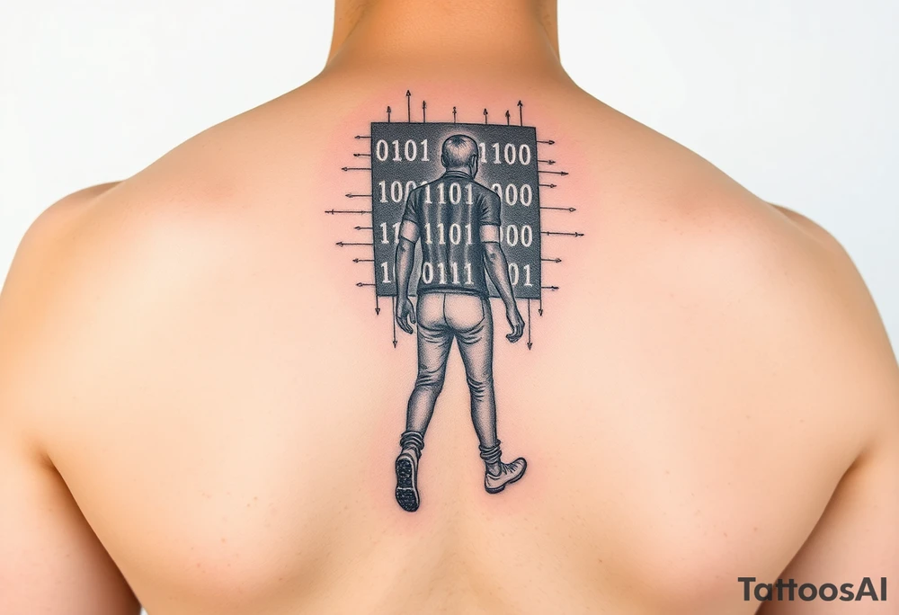 Tattoo of a person made of binary numbers walking into a terminal window tattoo idea
