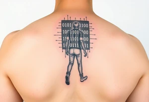Tattoo of a person made of binary numbers walking into a terminal window tattoo idea