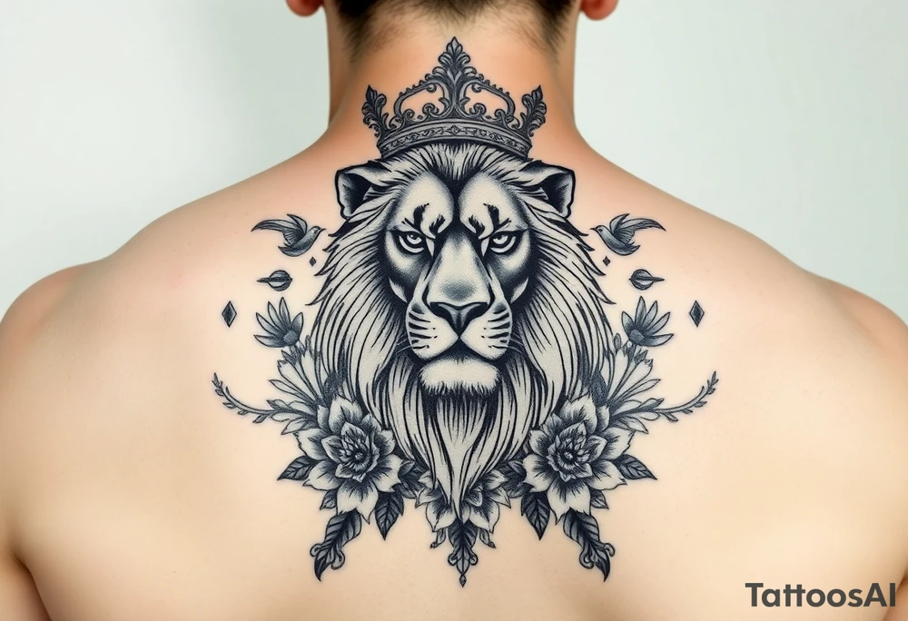 powerful majestic lion with a crown, surrounded by floral ornaments and birds tattoo idea