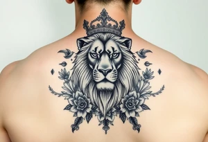 powerful majestic lion with a crown, surrounded by floral ornaments and birds tattoo idea