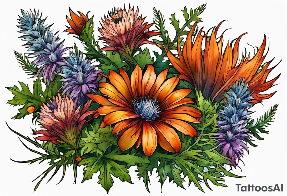 cascading mixed colored wildflowers with thistles, ferns, burnt orange flowers all in color tattoo idea