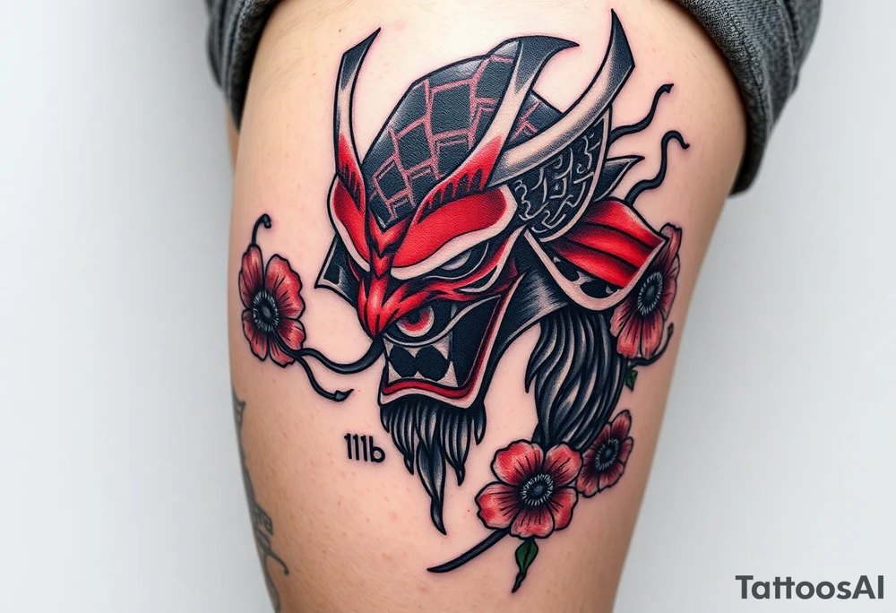 Big Rouge ronin to cover the entire thigh with smoke coming out of its mouth with 11b tattooed under its left eye with 1 poppy on each side of the ronin tattoo idea