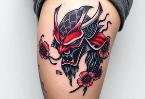 Big Rouge ronin to cover the entire thigh with smoke coming out of its mouth with 11b tattooed under its left eye with 1 poppy on each side of the ronin tattoo idea