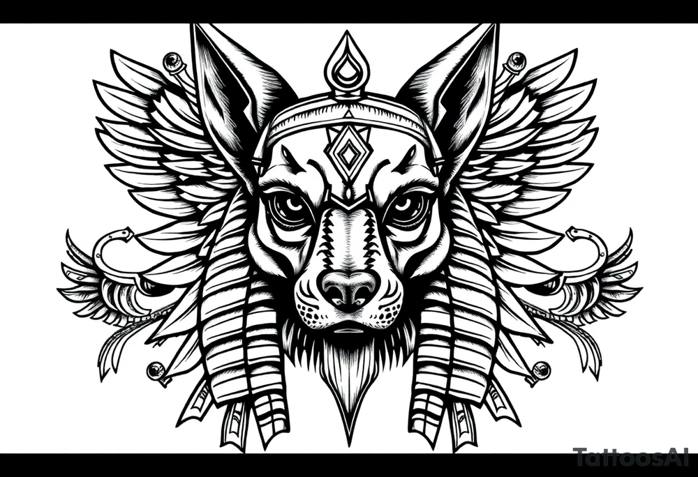 Egyptian Anubis god face muscle in Egypt style  with mantle on head with empty eyes 

dog face surrounded Egyptian symbols based on elements tattoo idea