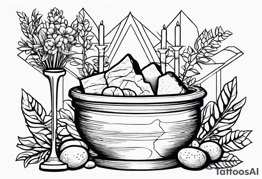 Rock altar, greenery, flowers, clay pot, communion, crown, wine, bread tattoo idea