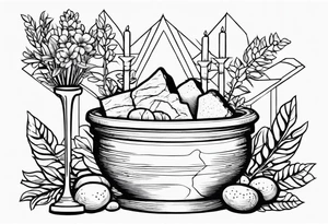 Rock altar, greenery, flowers, clay pot, communion, crown, wine, bread tattoo idea