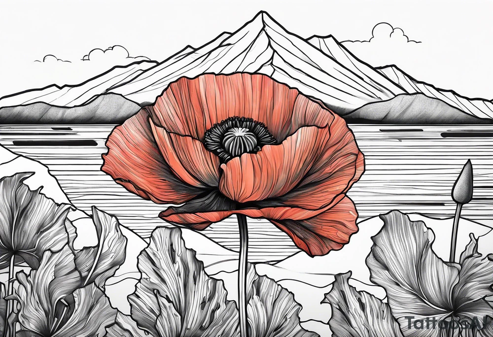 Poppy flower with colorado mountains and the ocean tattoo idea