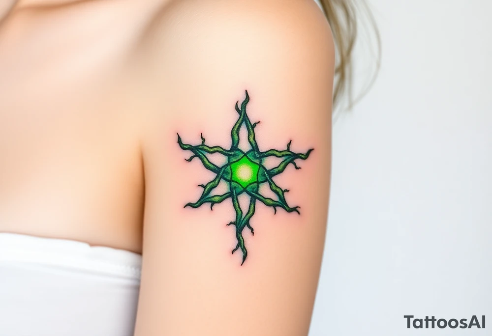 A nature-inspired pentagram made of twisted roots, with glowing green veins pulsing with life. tattoo idea