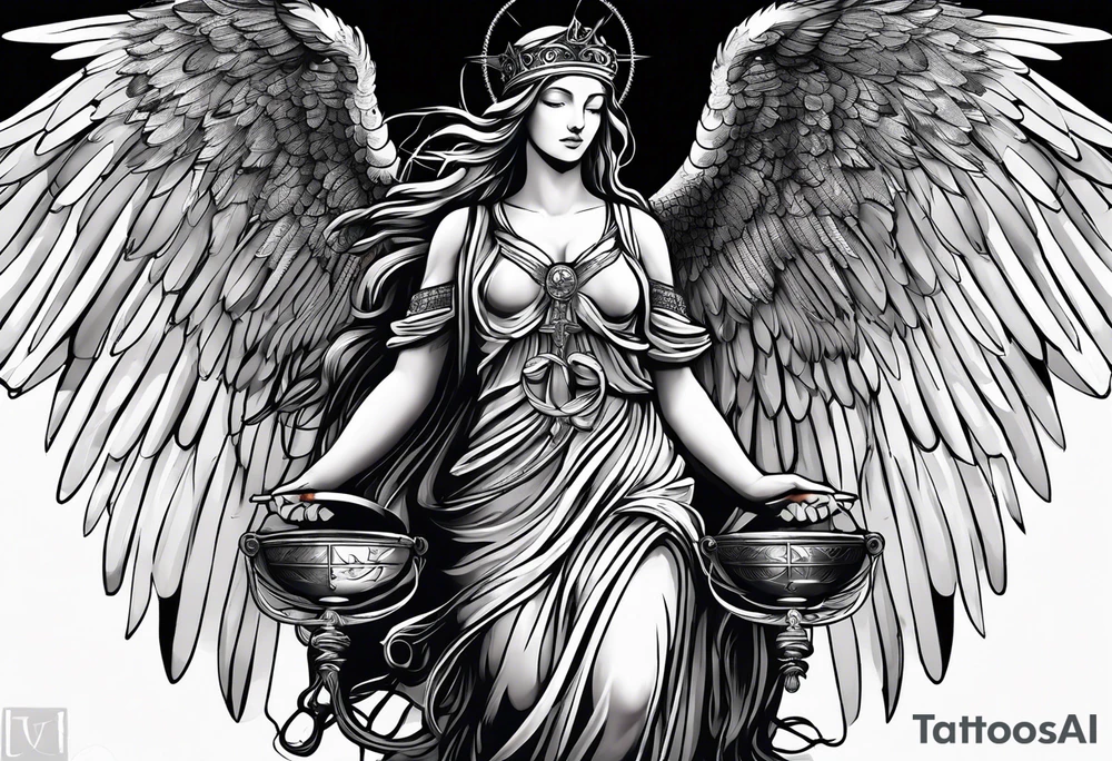 Imagine goddess Justitia with two wings, one angelic, one dark /ravenish. She holds a compass and a scale. There is a banderole wrapped around her body with the expression „MEMENTO VIVERE“ on it. tattoo idea