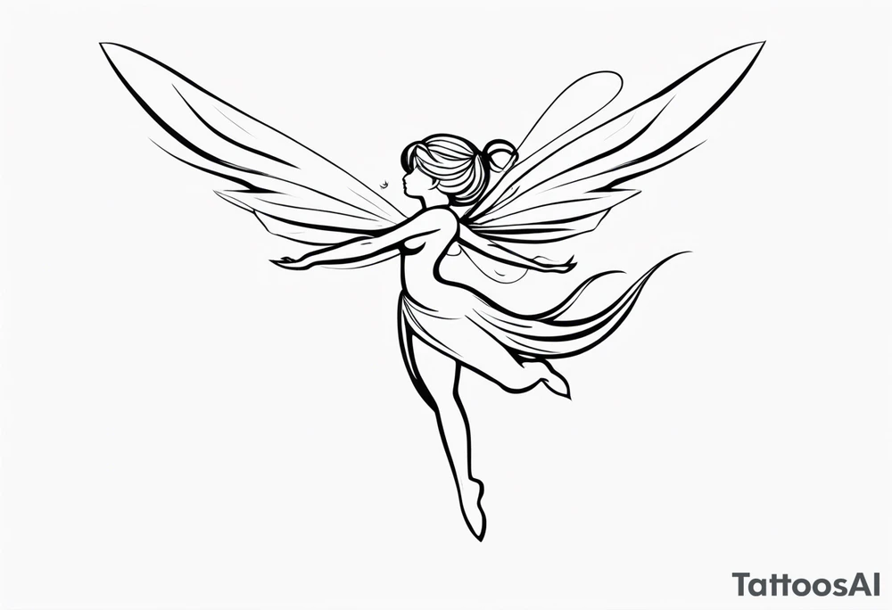 Minimalistic, monochromatic fairy with a tail flying to the left in a fetal position, leaning and looking in the same direction, with visible hands, embodying the 'Fairy Tail' logo aesthetic. tattoo idea