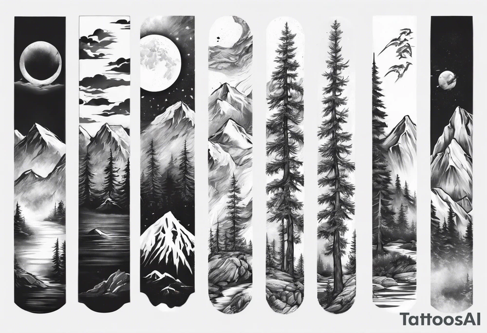 men’s arm sleeve mountains branches tattoo idea