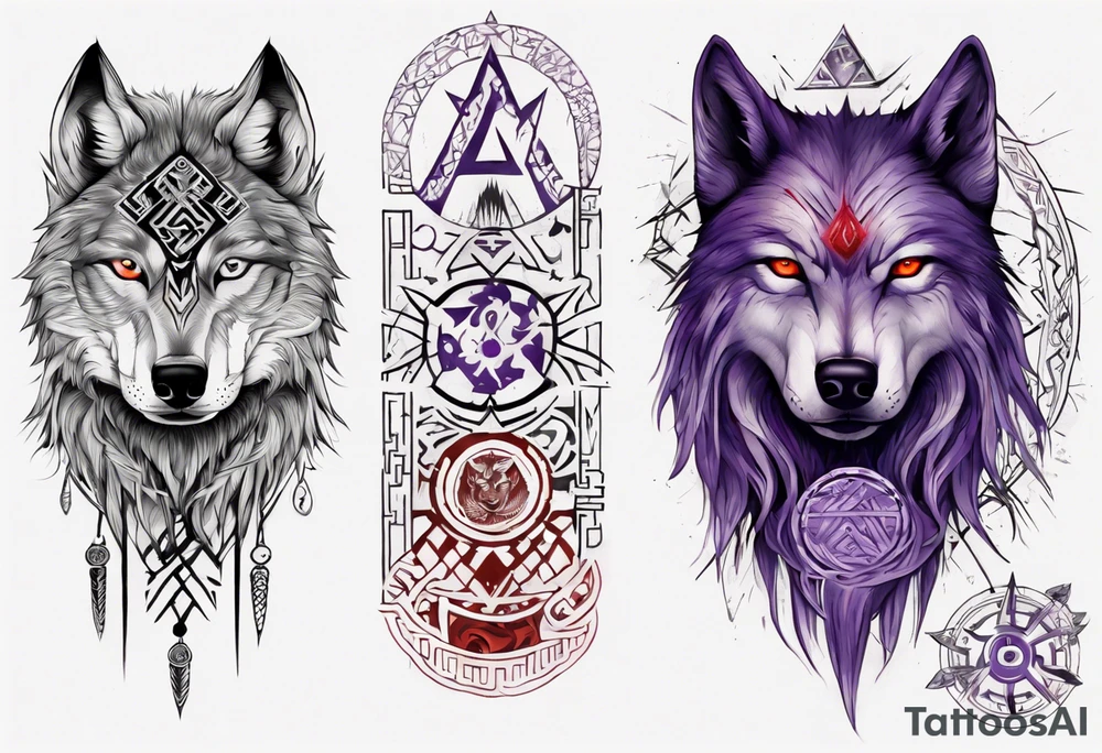 want a half sleeve on my left forearm featuring a side profile of wolf with a vegvisir for its purple and red eye, surrounded by Māori patterns and Norse symbols tattoo idea