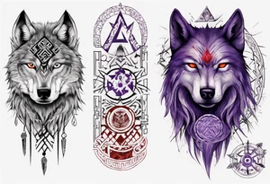 want a half sleeve on my left forearm featuring a side profile of wolf with a vegvisir for its purple and red eye, surrounded by Māori patterns and Norse symbols tattoo idea