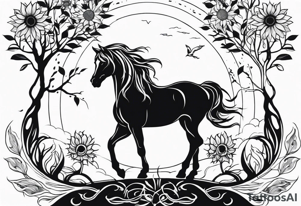 Yggdrasil tree, horse in front of it, and sunflowers tattoo idea