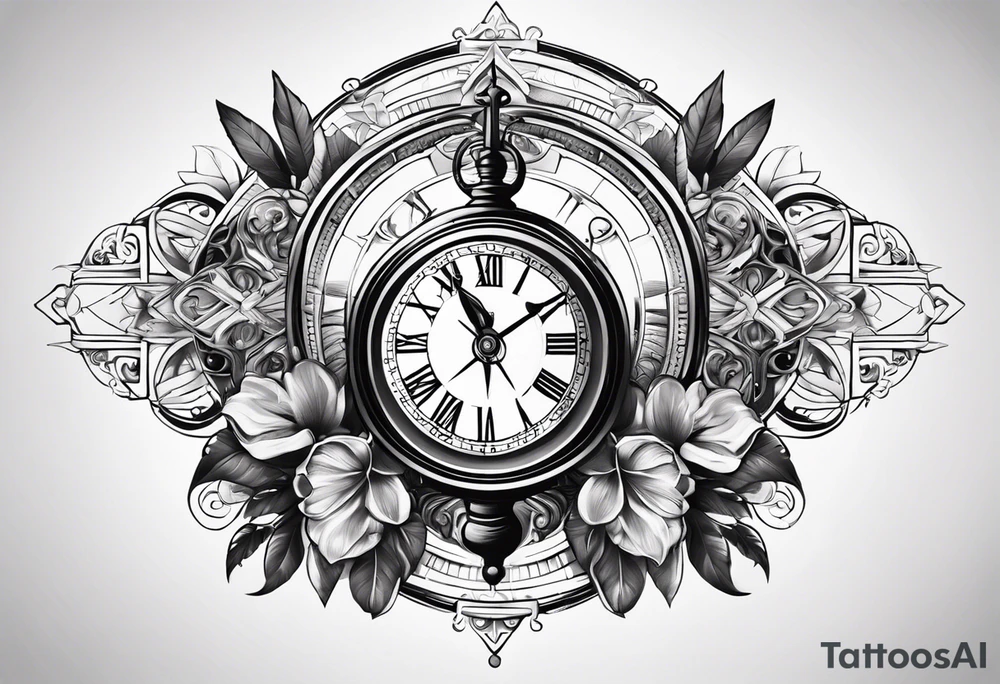 Latin cross with clock on top of it and compass under tattoo idea