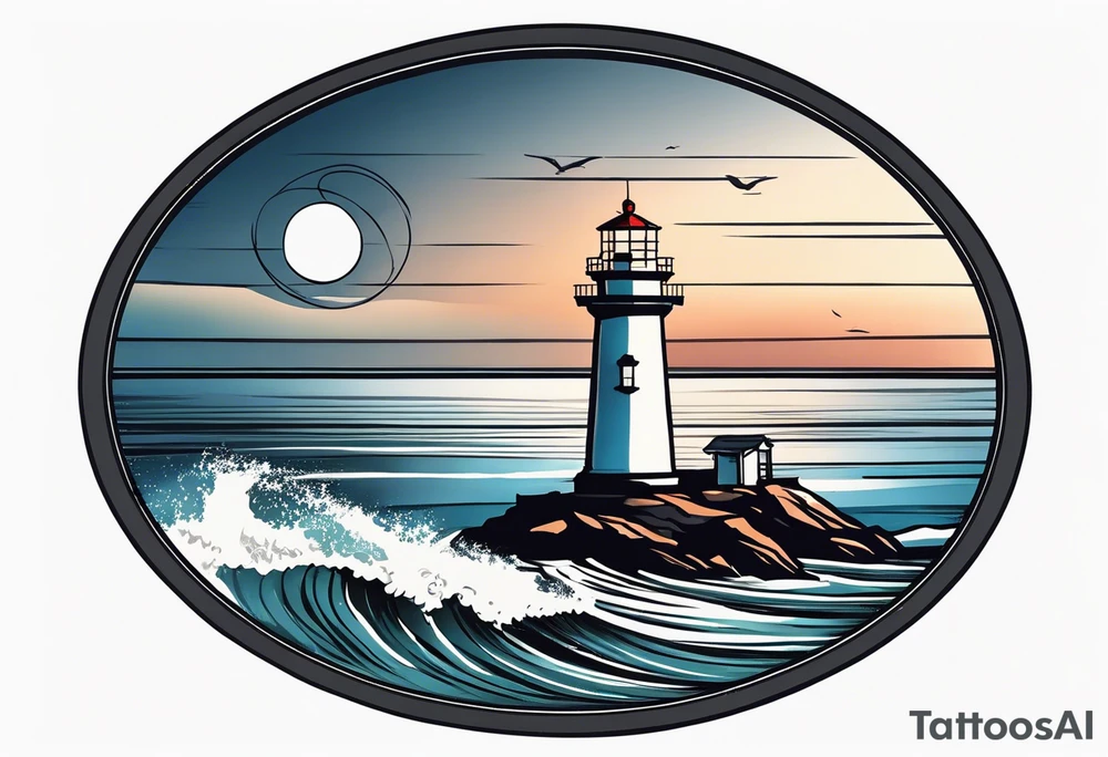 lighthouse a bit realist, evening, circle framed and sea tattoo idea