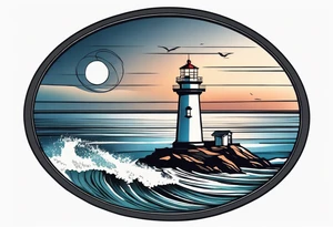 lighthouse a bit realist, evening, circle framed and sea tattoo idea