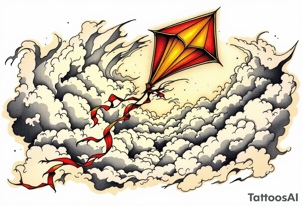 A red and gold kite soaring high over clouds, capturing childlike freedom and joy. tattoo idea