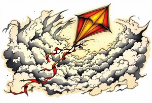 A red and gold kite soaring high over clouds, capturing childlike freedom and joy. tattoo idea