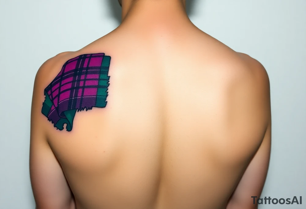 Dark Purple with green pink blue and white highlights tartan fabric with flesh peeling away at edges wrapping around shoulder tattoo idea