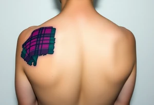 Dark Purple with green pink blue and white highlights tartan fabric with flesh peeling away at edges wrapping around shoulder tattoo idea