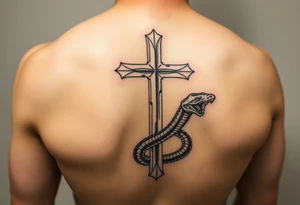 A cross that stabs the snake from the bottom tattoo idea