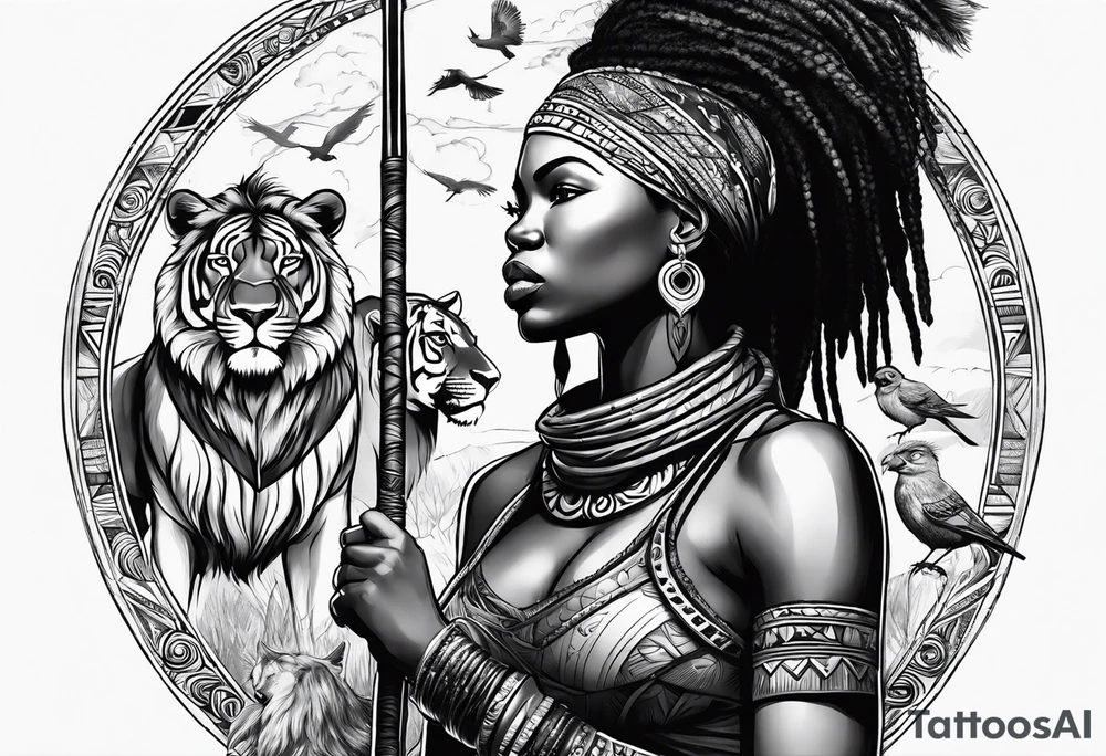 African woman warrior holding a spear with birds and lion in the background tattoo idea