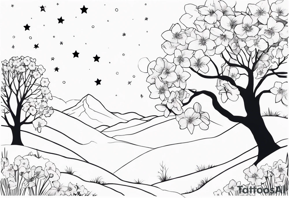 Winter sky, flowers, stars, violets, primroses, daffodil, jonquil, snow, oak tree tattoo idea