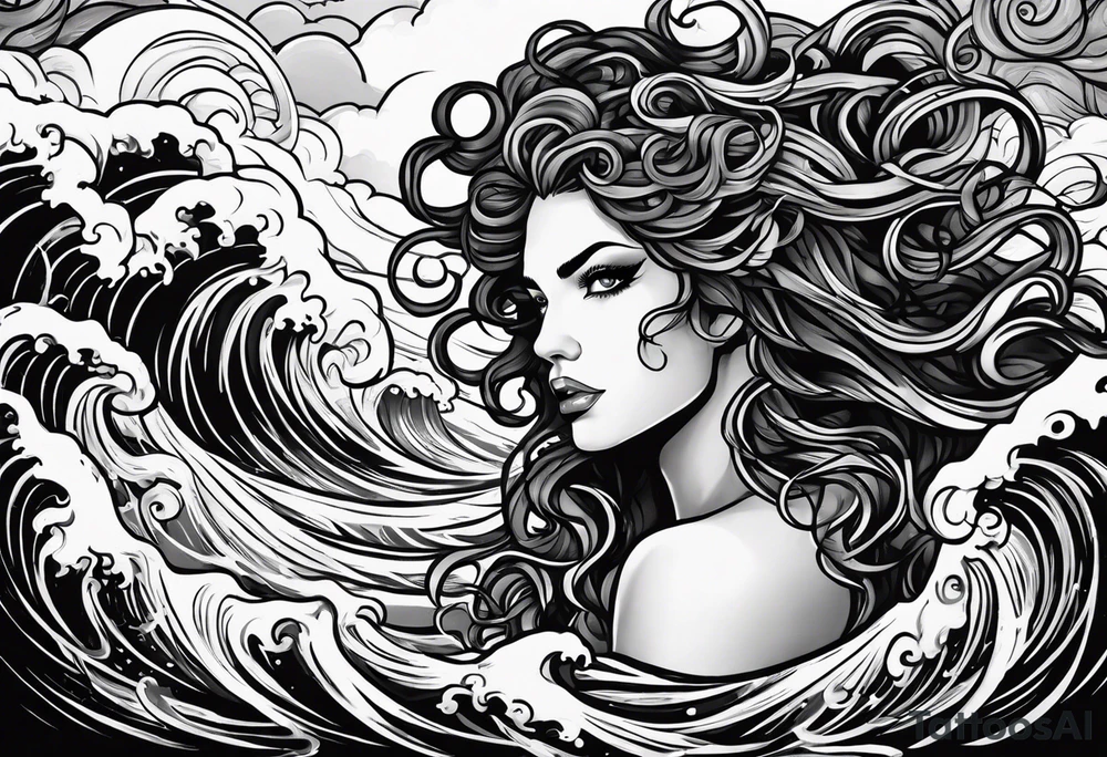 stormy sea waves, a woman in the middle of a storm, Medusa the Gorgon tattoo idea