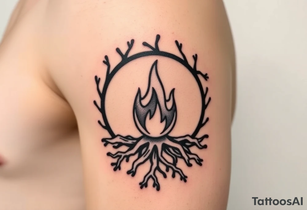 a round flame imprisoned in a roots circle tattoo idea
