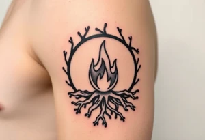 a round flame imprisoned in a roots circle tattoo idea