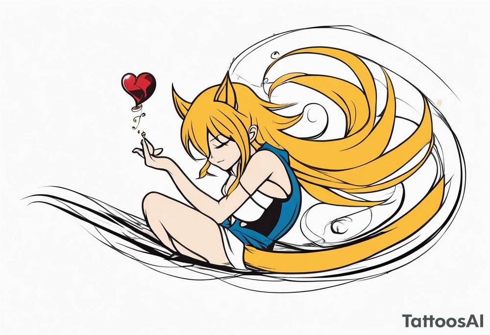 A fairy with a tail inspired by the logo of the anime show called Fairy Tail in a fetal position leaning in and forward while in the air floating tattoo idea