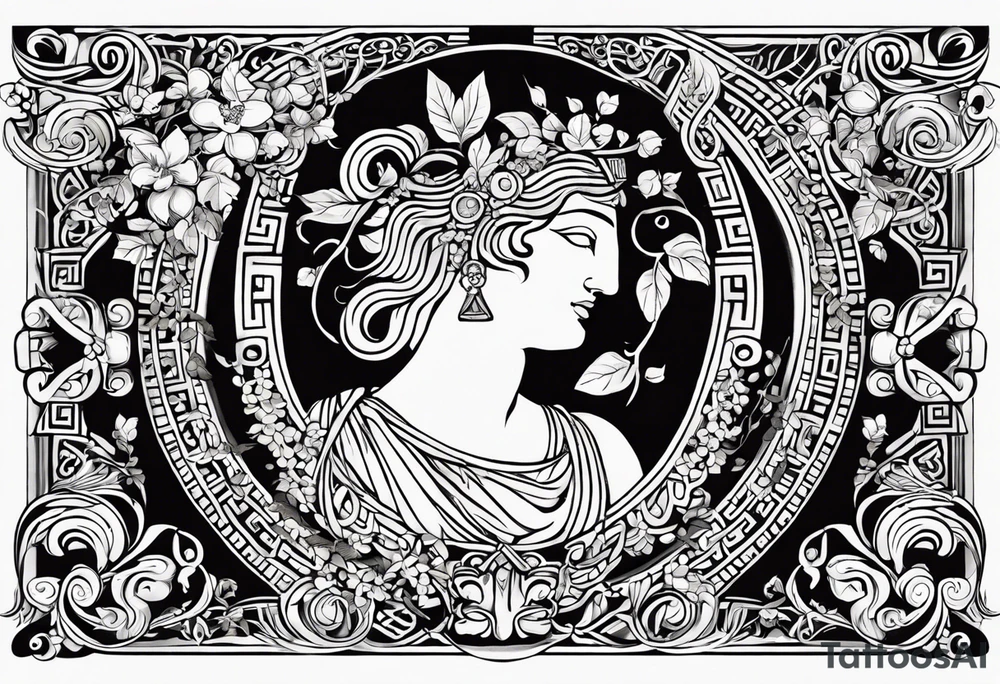 Craft an abstract yet distinctly ancient Greek-inspired tattoo design featuring Dionysus and Clio. Incorporate motifs from classical Greek art such as geometric patterns, meander borders, and stylized representations of the gods. For Dionysus, integrate symbols like grape clusters, ivy leaves, or the thyrsus staff in a dynamic and fluid composition, capturing the essence of his revelry and passion. Similarly, for Clio, infuse elements like scrolls, laurel wreaths, or the lyre into the design, evoking a sense of scholarly enlightenment and artistic inspiration. Ensure the overall aesthetic echoes the elegance and timelessness of ancient Greek art, offering a unique interpretation of these revered deities tattoo idea