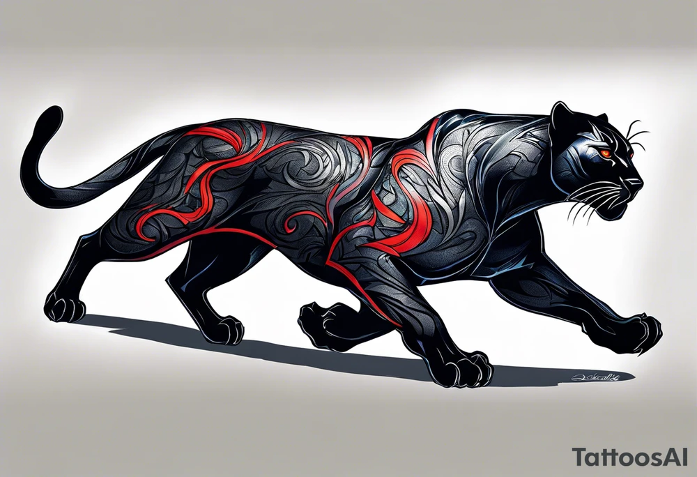 unique black panther tattoo, dynamic pose, showcasing its strength and grace, striking red eyes, intense and captivating elements, artistic flair, blending realism with abstract elements tattoo idea