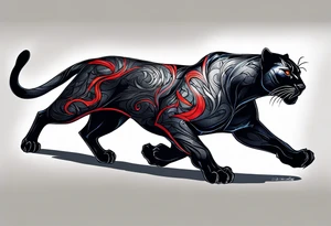 unique black panther tattoo, dynamic pose, showcasing its strength and grace, striking red eyes, intense and captivating elements, artistic flair, blending realism with abstract elements tattoo idea