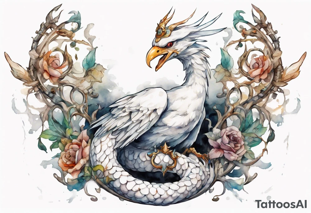 a white bird-serpent hybrid, wearing an iron crown on its head tattoo idea