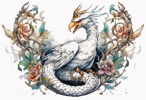 a white bird-serpent hybrid, wearing an iron crown on its head tattoo idea