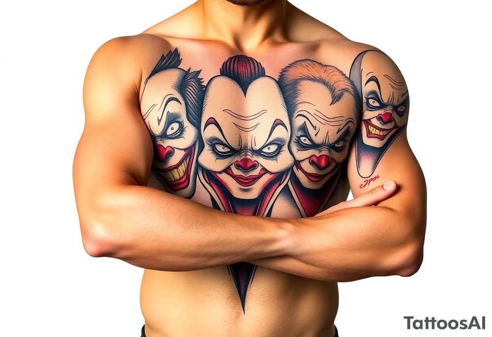 creative collage of different emotional clown faces tattoo idea