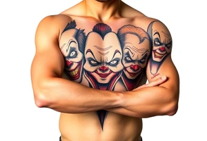 creative collage of different emotional clown faces tattoo idea