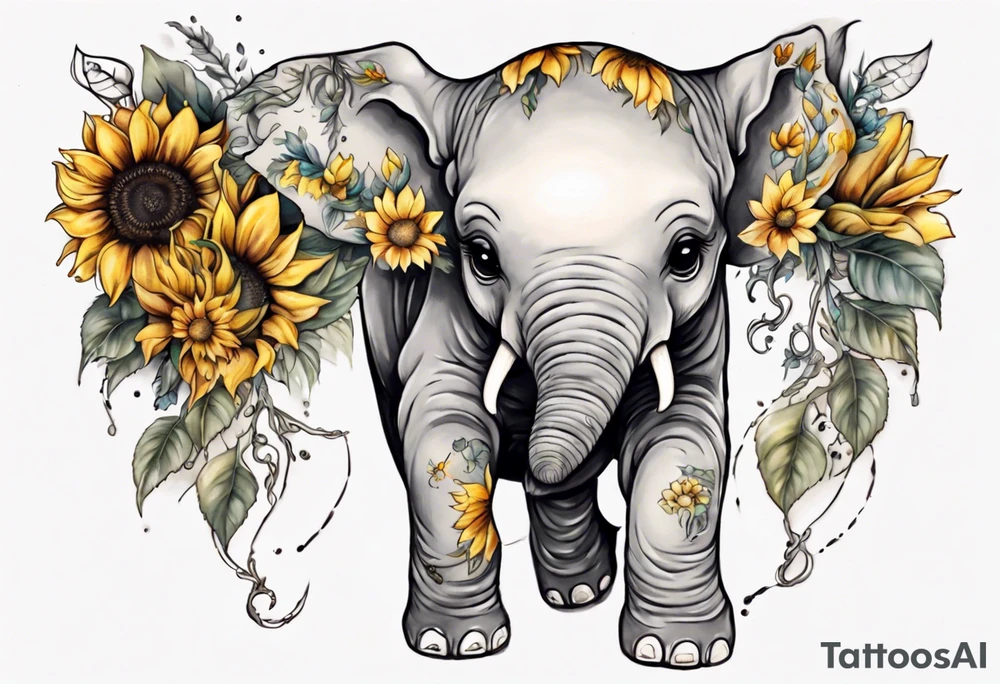 Under boob sternum baby elephant with sunflowers tattoo idea