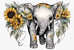 Under boob sternum baby elephant with sunflowers tattoo idea