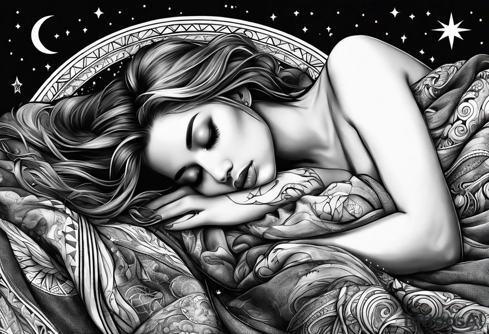 girl sleeping in blanket that looks like space tattoo idea