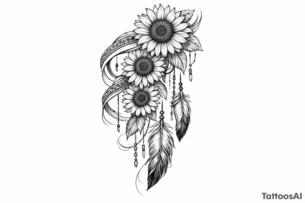 Cascading Sunflowers with Indian feathers and Indian ribbon tattoo idea