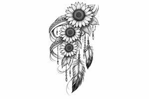 Cascading Sunflowers with Indian feathers and Indian ribbon tattoo idea