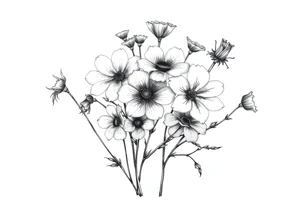 A cluster of wildflowers, with solid black shadows at the base and lighter stippling toward the petals. Some flowers in full bloom while some flowers wilting, symbolizing the passage of time. tattoo idea