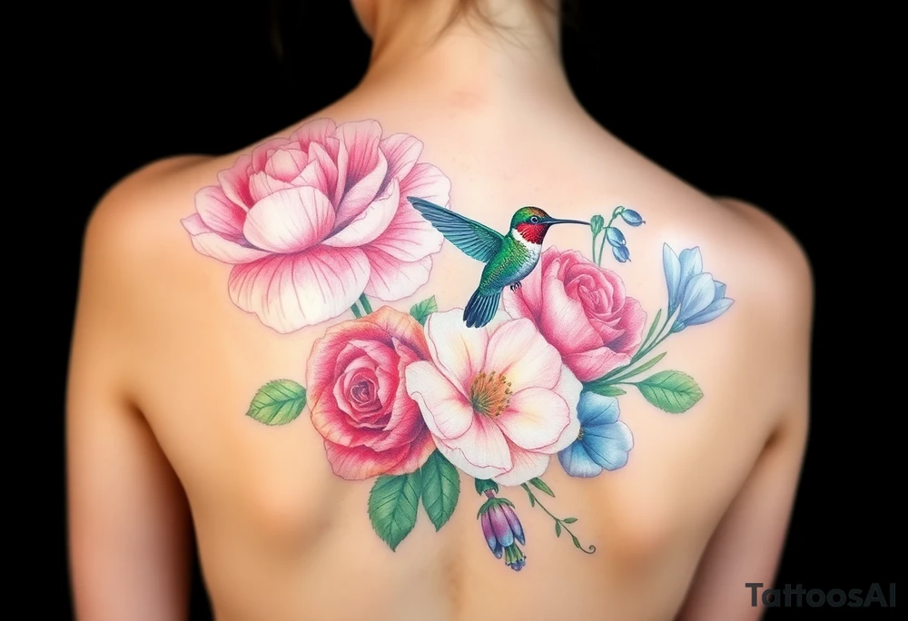 Bouquet of flowers with watercolors carnation, rose, Lily of the valley, delphinium with stems Starting upper middle back to right shoulder With  2 humming bird feeding on carnation and rose.  Soft tones tattoo idea